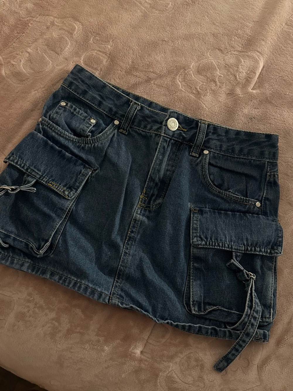 Dark Blue Denim Mini Skirt with Cargo Pockets